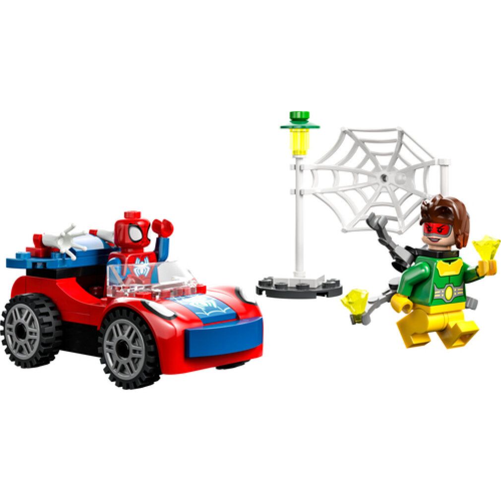Set LEGO Marvel. Auto rossa con personaggio di Spidey. Doc Ock e ragnatela. Lampione. Elementi gialli.