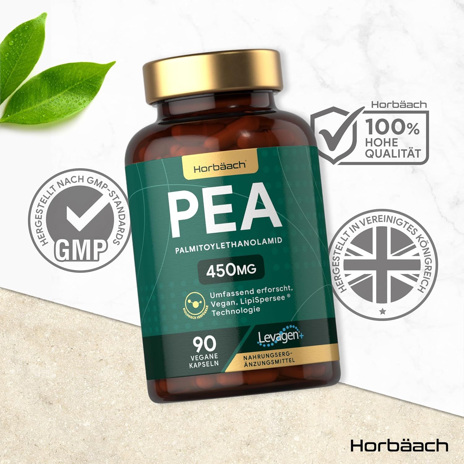 Flacone marrone, etichetta verde. PEA 450mg, 90 capsule vegane. Standard GMP, 100% alta qualità. Prodotto nel Regno Unito.