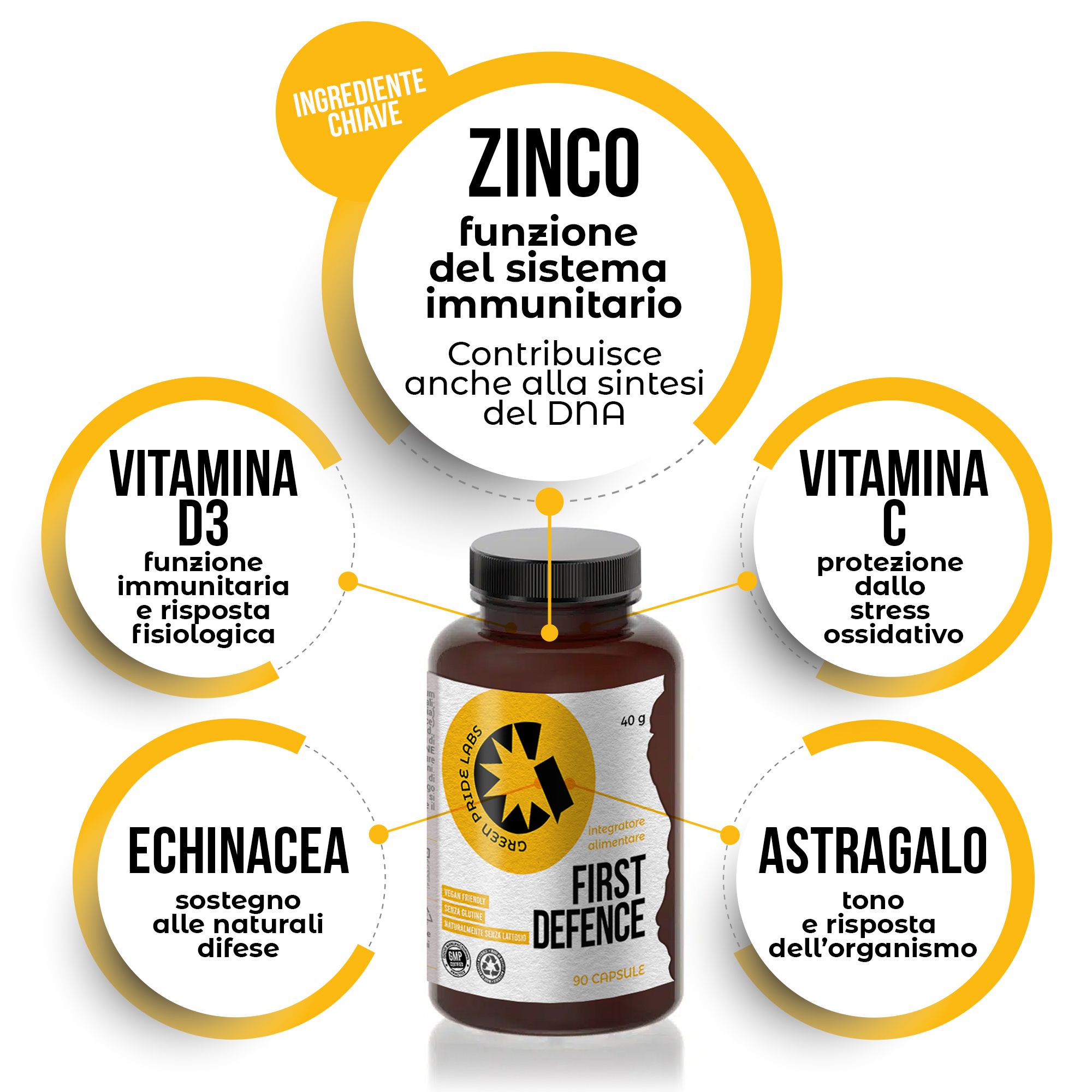 Flacone di prodotto circondato da cerchi con informazioni su zinco, vitamina D3, vitamina C, echinacea e astragalo.