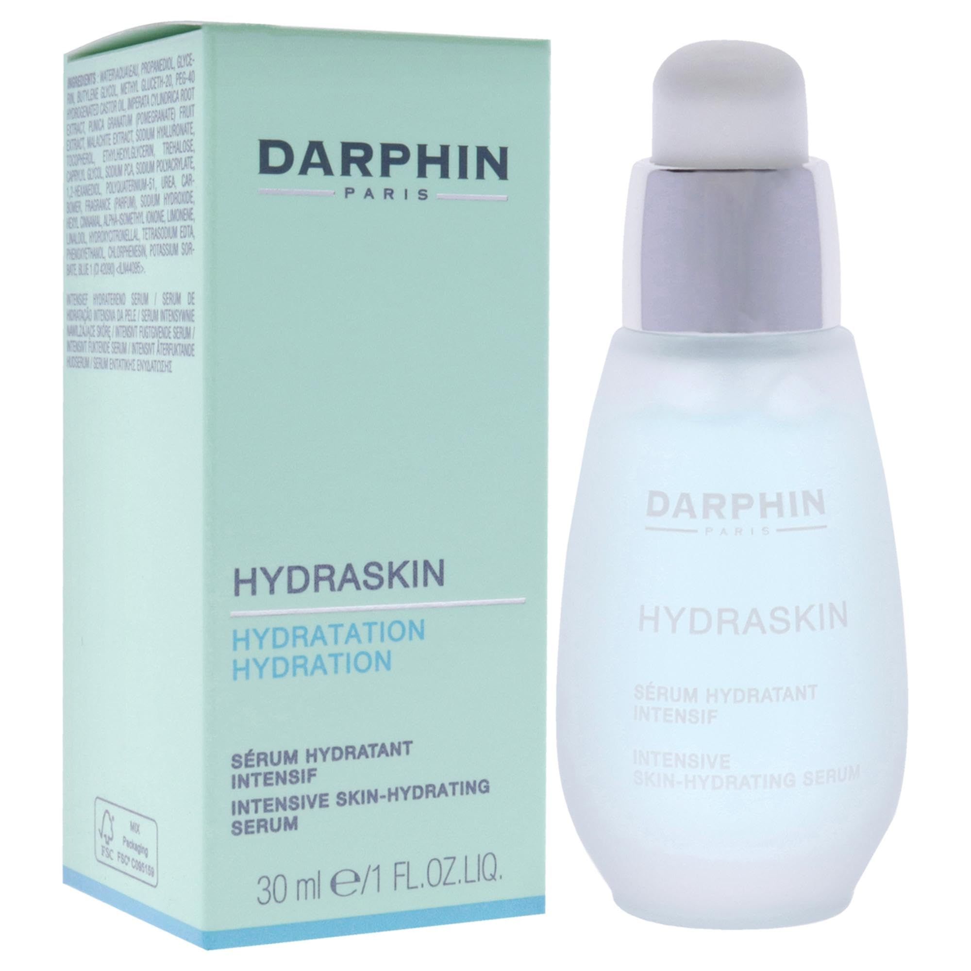 Siero DARPHIN HYDRASKIN e confezione. Scritta HYDRASKIN, Sérum Hydratant Intensif. 30 ml/1 FL.OZ.LIQ.