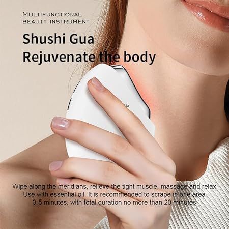 Dispositivo ovale bianco tenuto sul collo. Scritta: Shushi Gua. Testo: massaggio, relax, uso con olio.