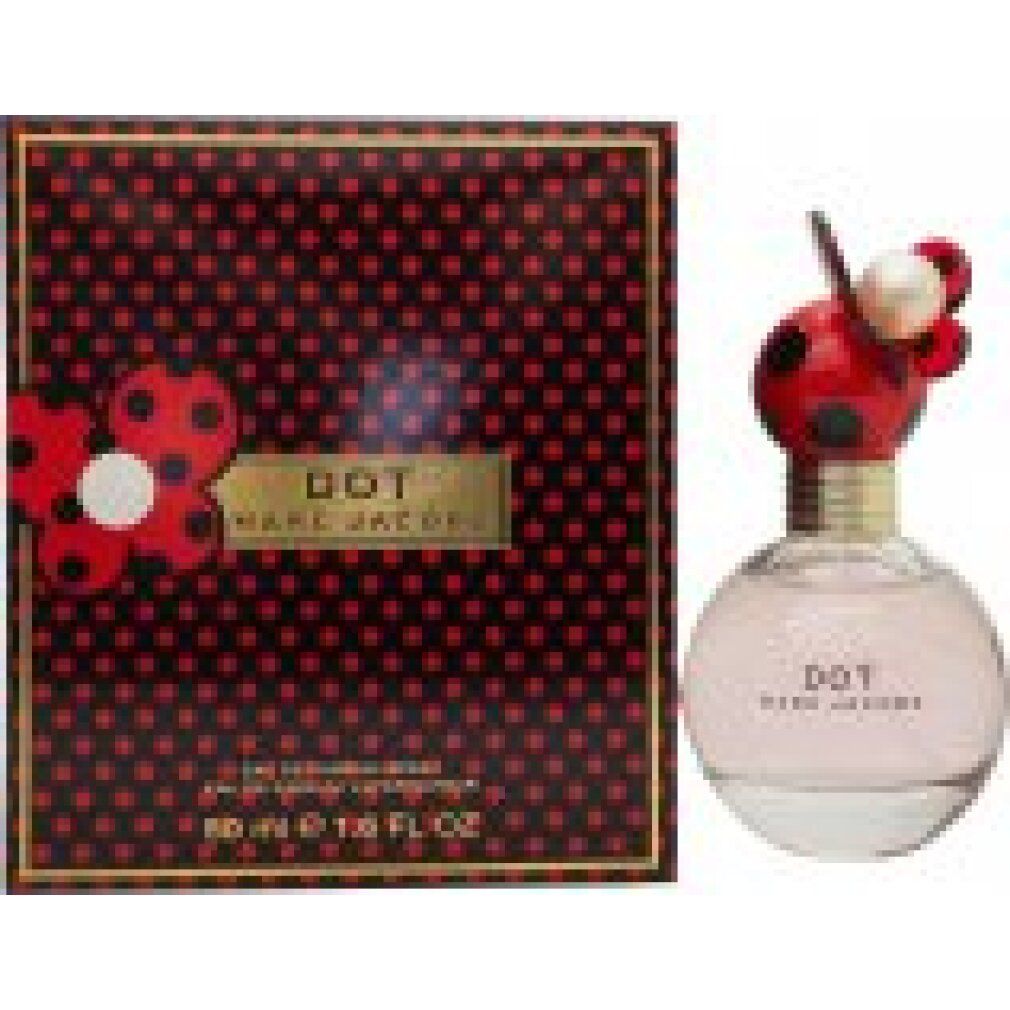 Flacone rotondo con tappo rosso e motivo floreale. Scritta: DOT MARC JACOBS. Confezione a pois.