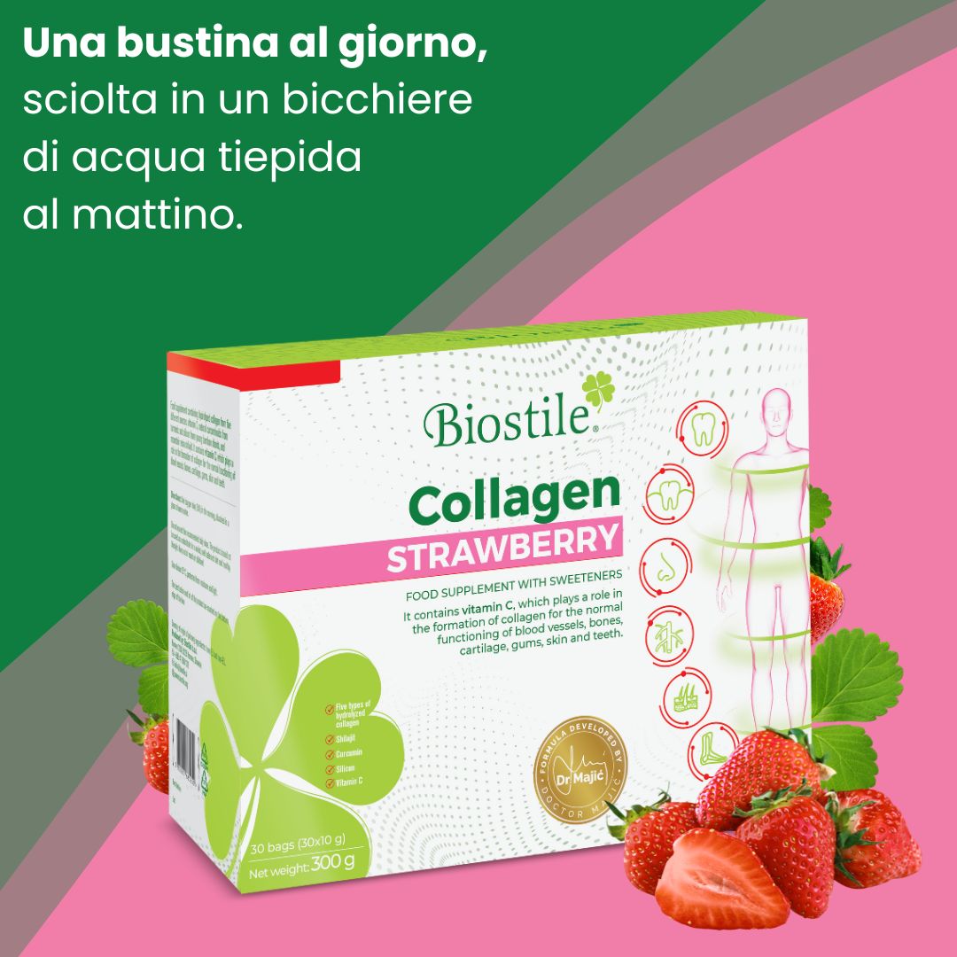 Confezione Biostile Collagen Strawberry. Testo: Una bustina al giorno, sciogliere in acqua tiepida al mattino.