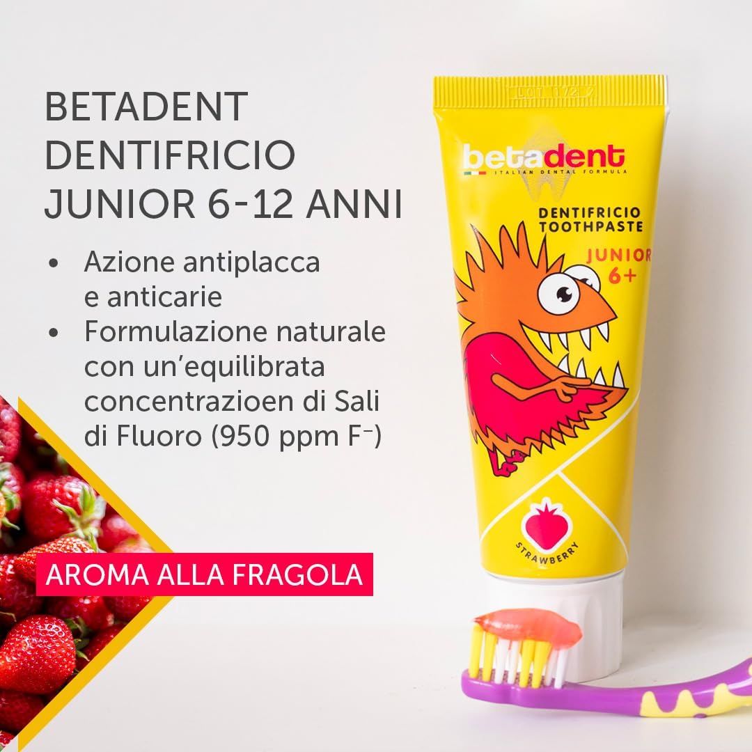 BETADENT - Dentifricio Junior 6+ - Naturale Antiplacca Anticarie - Gusto Fragola