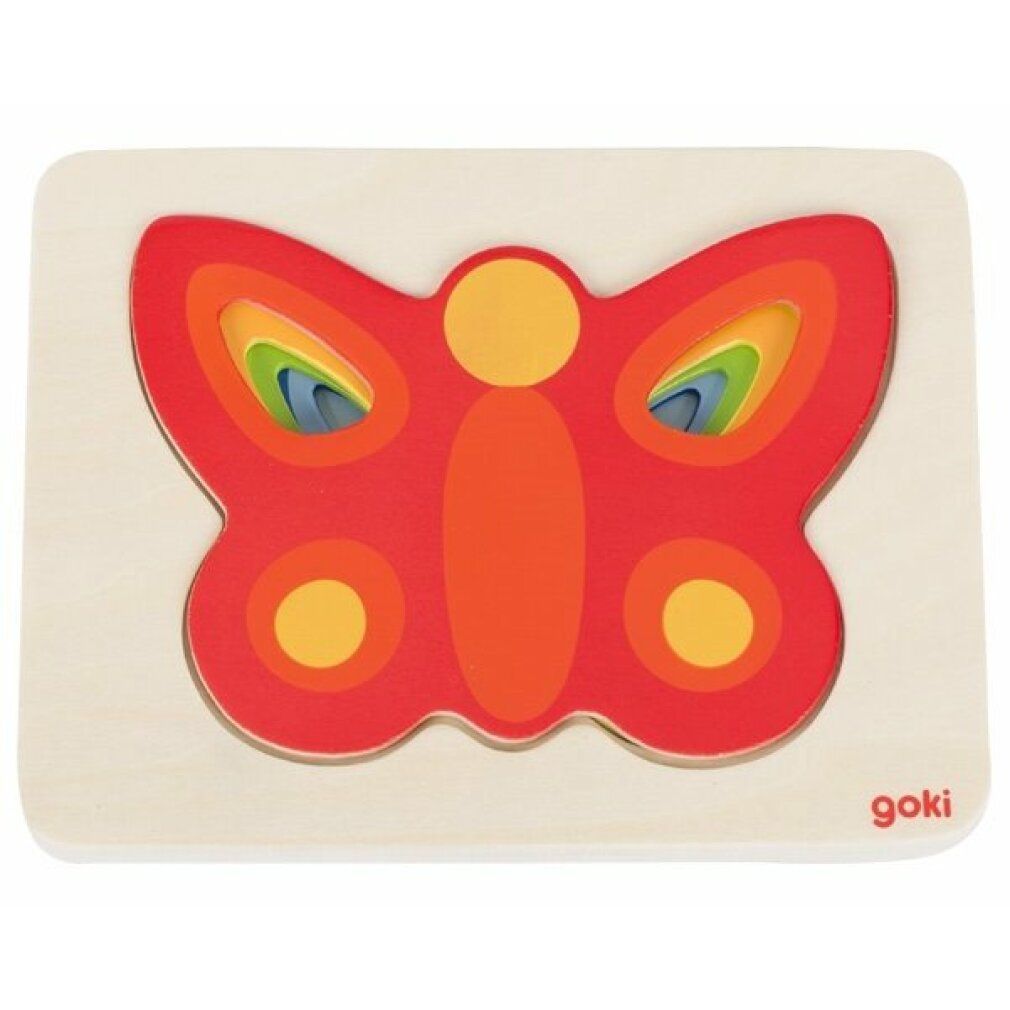 Puzzle Goki farfalla, 5 strati. Puzzle in legno con farfalla rossa. Design multicolore. Marchio Goki.