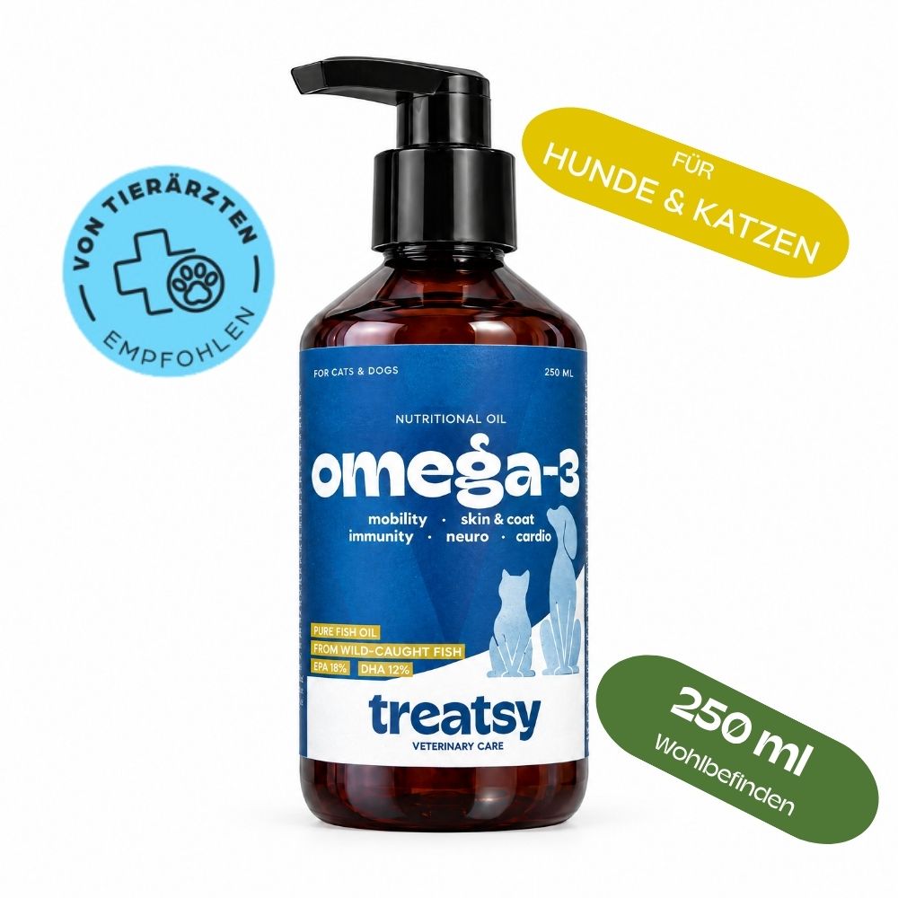 Olio di pesce Omega-3 per cani e gatti, flacone da 250 ml con dispenser a pompa. Consigliato dai veterinari.