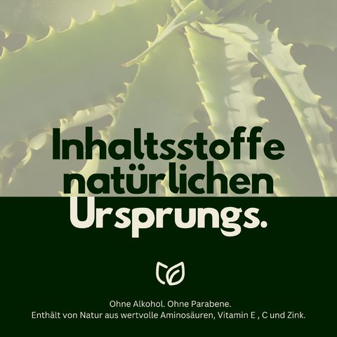 Sfondo verde con foglie di aloe vera. Testo: Ingredienti di origine naturale. Senza alcol, senza parabeni. Contiene aminoacidi, vitamine.