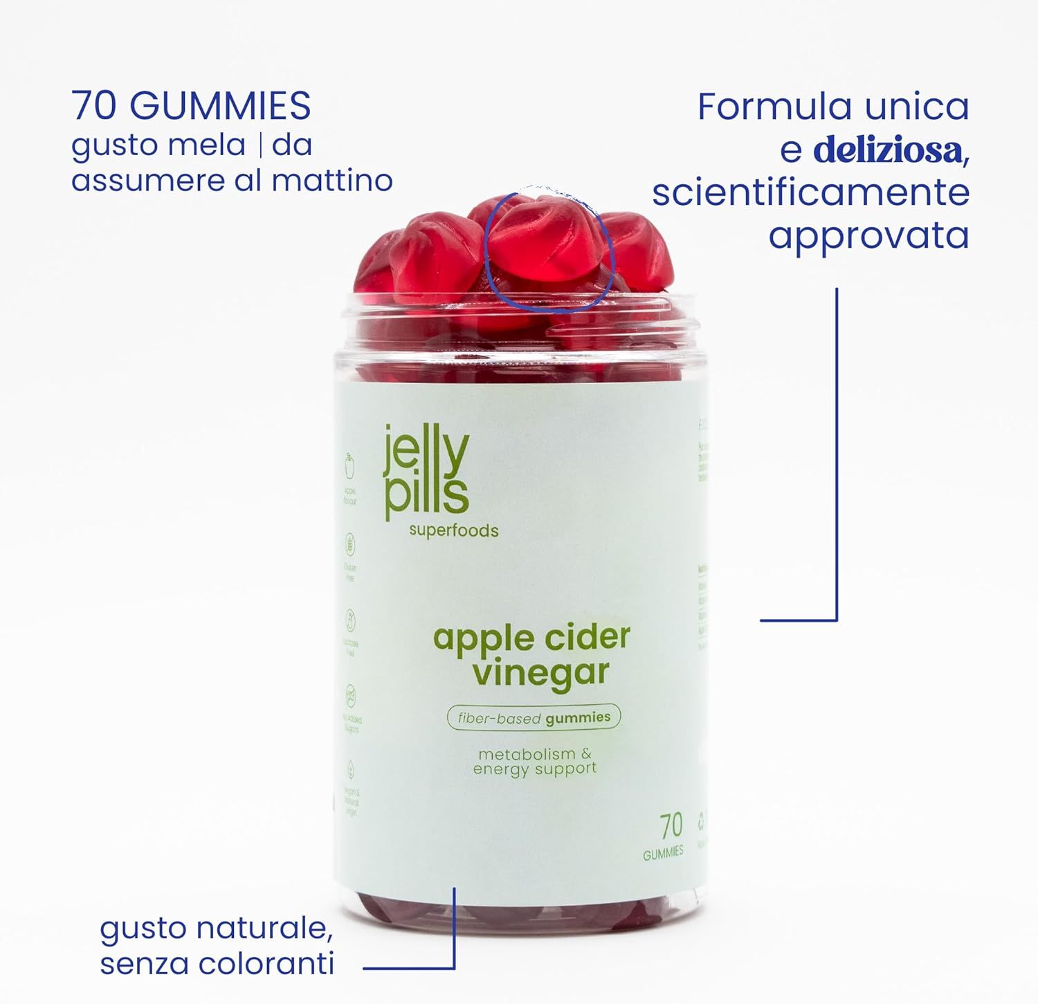 Barattolo con 70 caramelle gommose. Scritta: Jelly Pills Superfoods, Apple Cider Vinegar Gummies. Gummies a base di fibre.