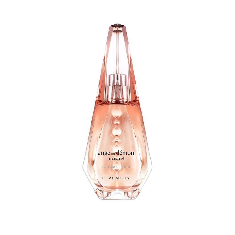Flacone di profumo Givenchy Ange ou Démon Le Secret. Forma sfaccettata, sfumatura rosa. Vaporizzatore. Scritta Givenchy.