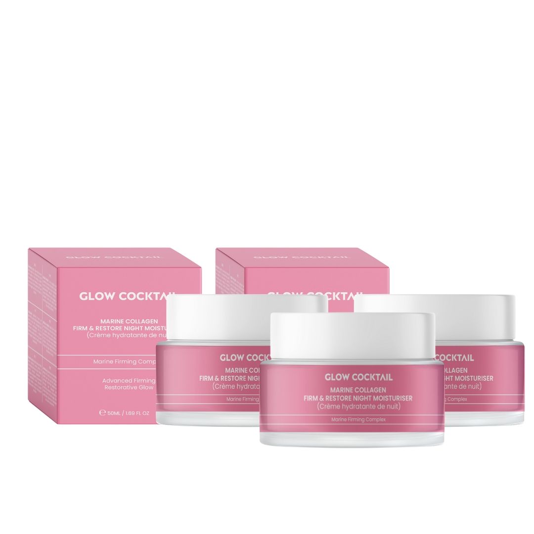 Tre vasetti e due scatole rosa. Scritta: Glow Cocktail, Marine Collagen, Firm & Restore Night Moisturiser.
