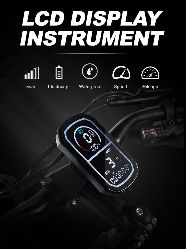 Primo piano del display LCD di una e-bike. Mostra velocità, batteria, marcia, impermeabilità e chilometraggio.