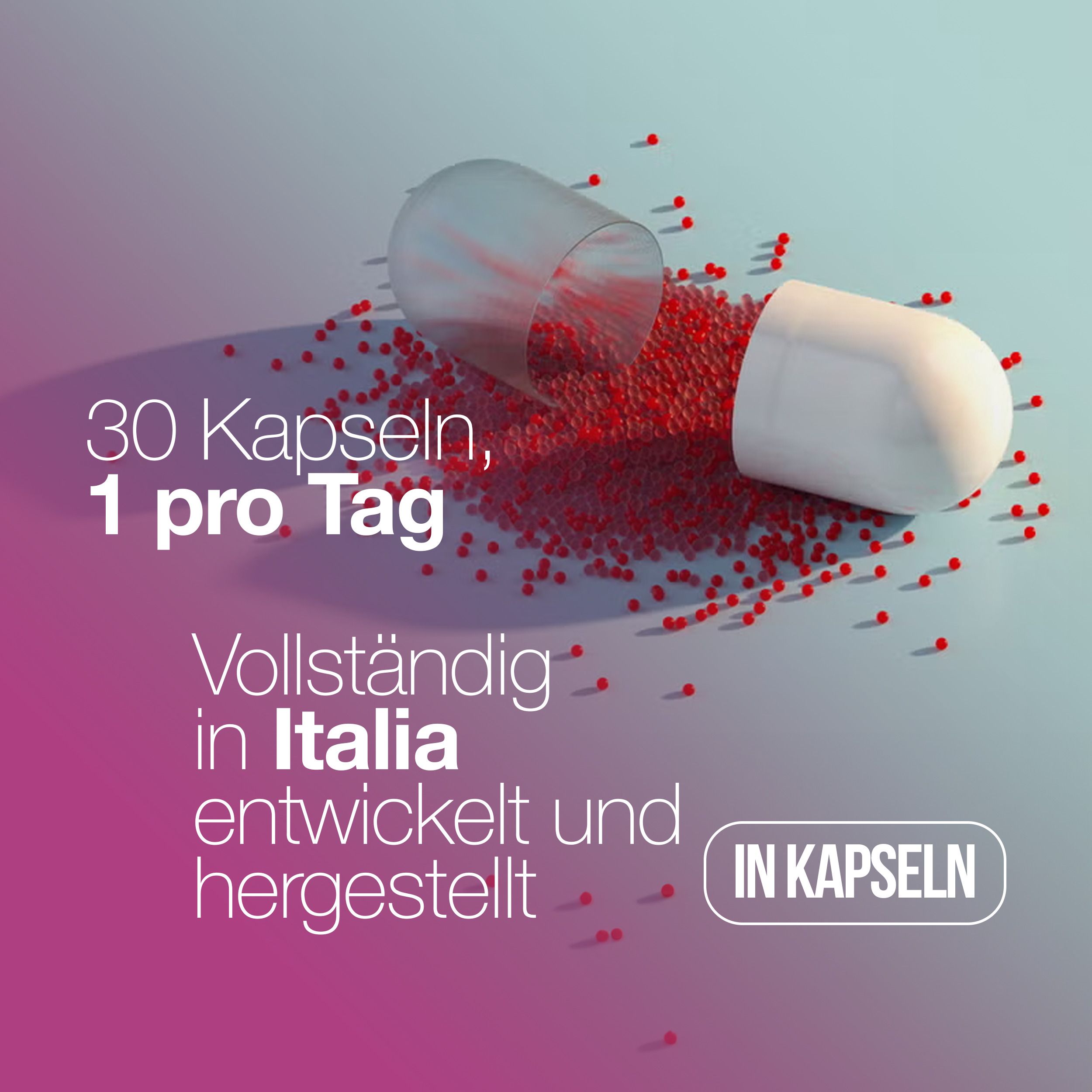 Capsula con palline rosse. Testo: 30 capsule, 1 al giorno. Sviluppato e prodotto interamente in Italia.
