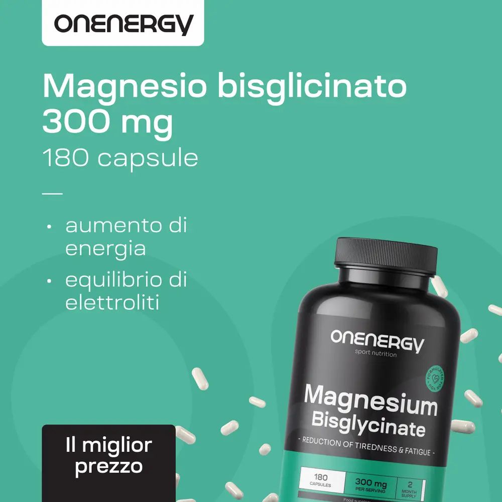 Flacone "Onenergy Magnesiumbisglycinate" con testo: Magnesio bisglicinato 300 mg, 180 capsule. Altri testi.