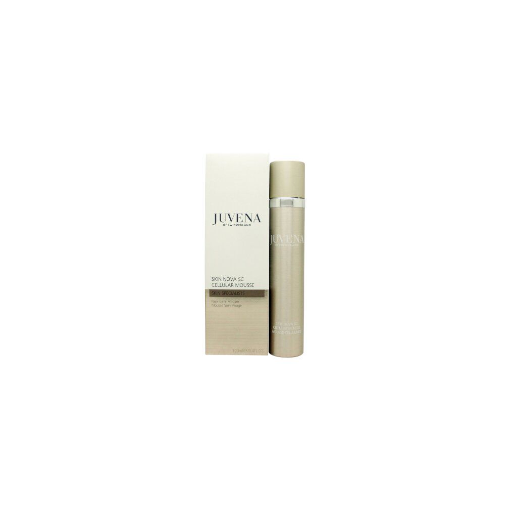 Flacone e confezione. Scritta: Juvena. Testo: Skin Nova SC Cellular Mousse. Colore: Beige.