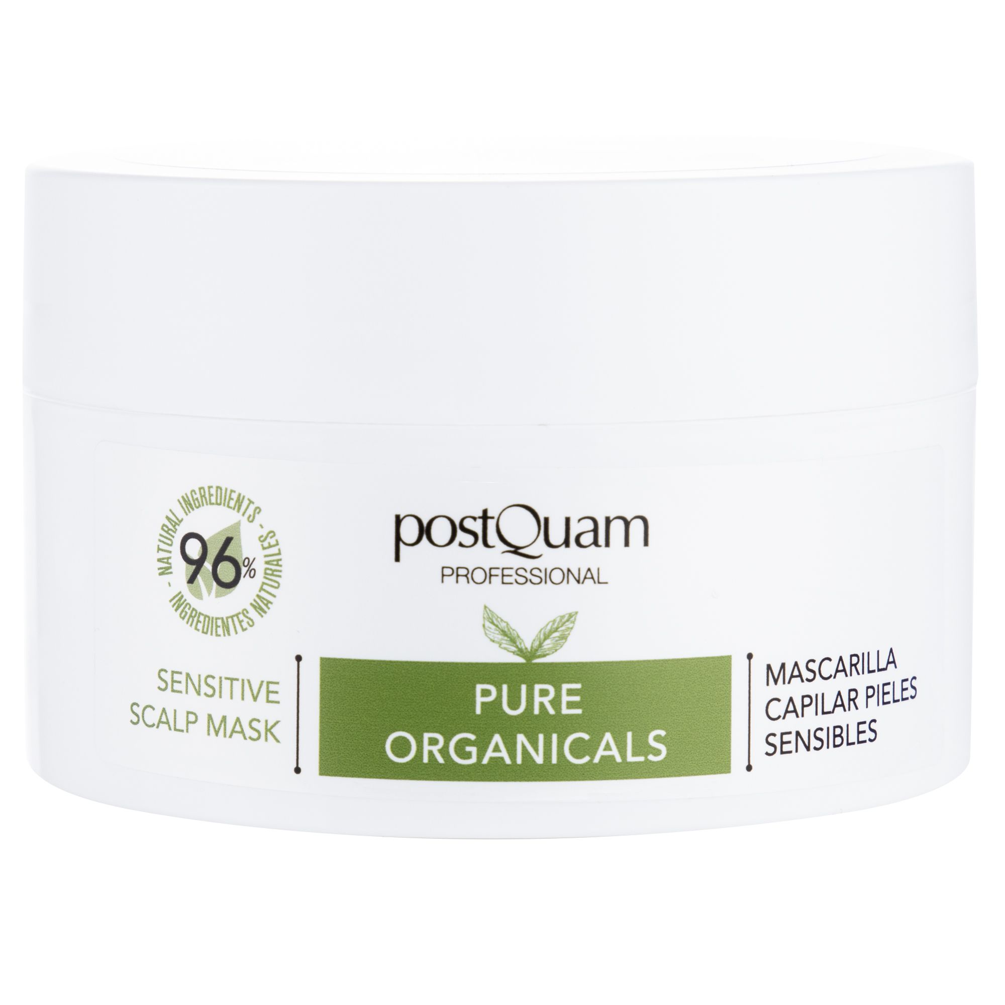 Barattolo bianco con etichetta verde. Scritta: Postquam, Pure Organics, Sensitive Scalp Mask. 96% ingredienti naturali.