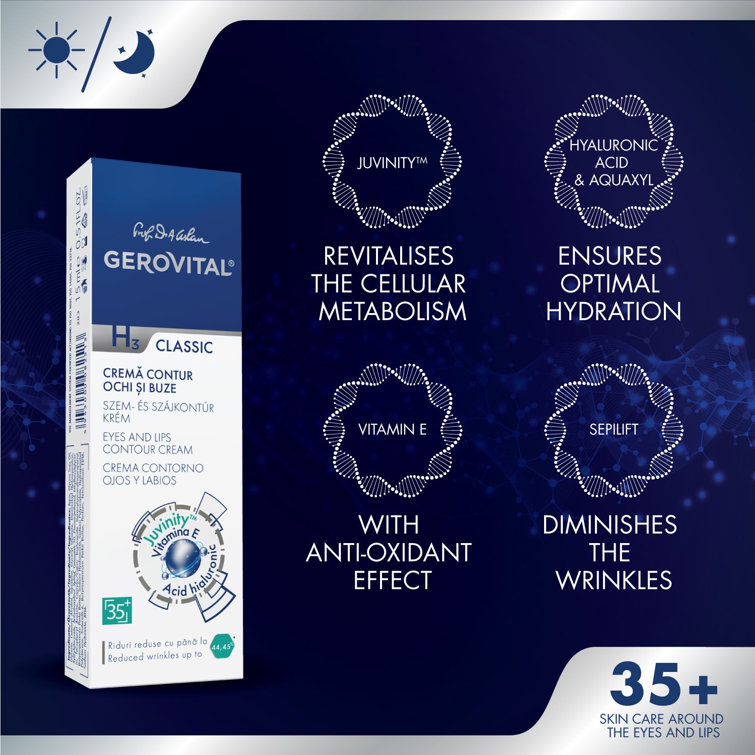 Gerovital crema contorno occhi e labbra. Caratteristiche: Rivitalizza, idrata, antiossidante.