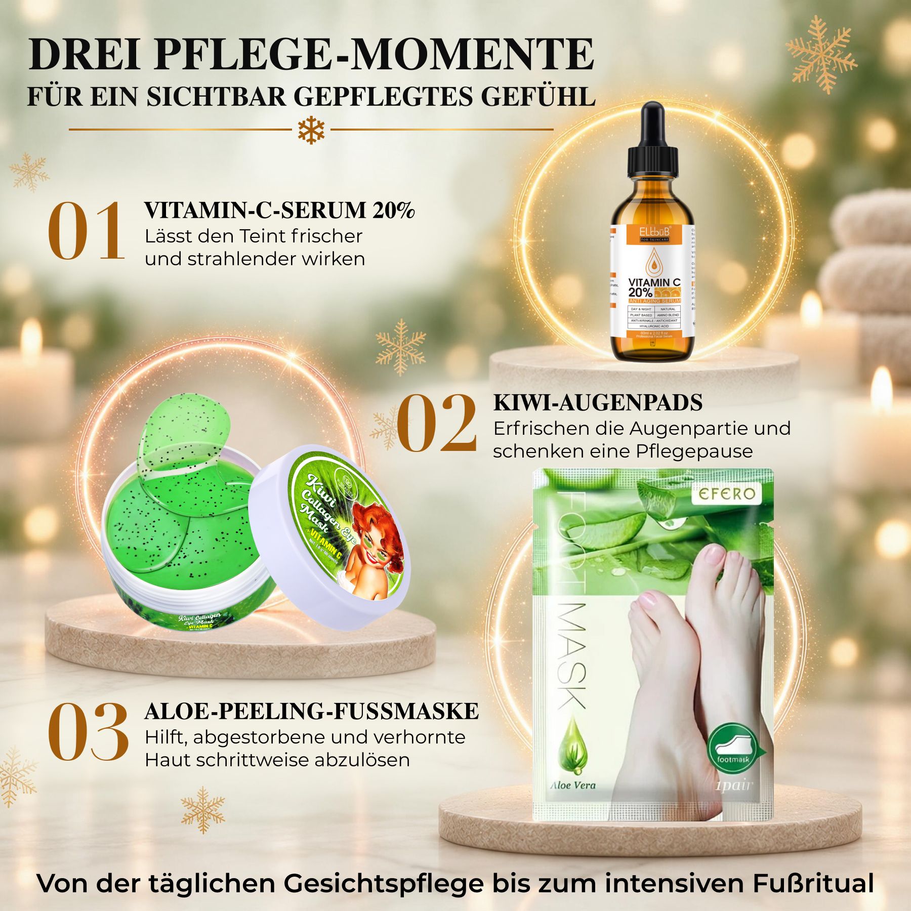 Tre prodotti per la cura della pelle: siero alla vitamina C, patch occhi al kiwi e maschera per piedi.