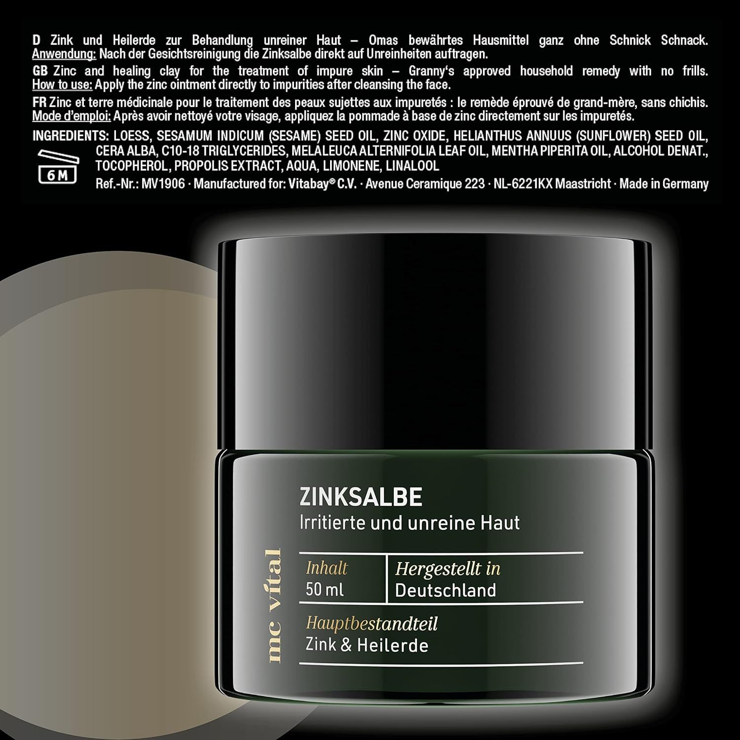 Vaso di pomata allo zinco, coperchio nero, scritta verde. Scritta: pomata allo zinco, pelle irritata e impura. Contenuto 50 ml. Ingrediente principale: zinco e argilla curativa.