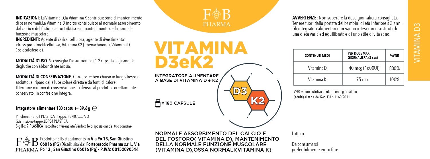 FB PHARMA - Vitamina D3 K2 Colecalciferolo Menachinone Ossa