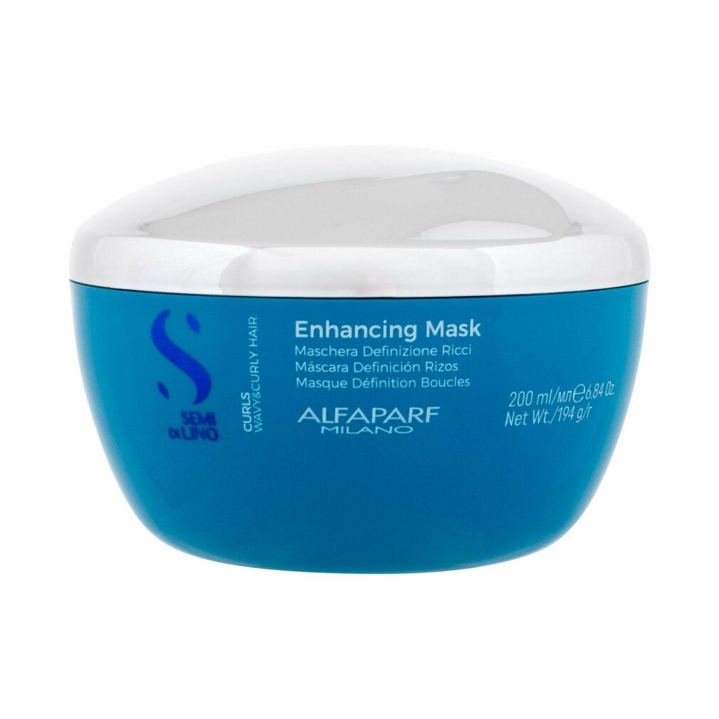 Vaso blu con coperchio bianco. Scritta: Alfaparf Milano, Enhancing Mask. Per capelli ricci.