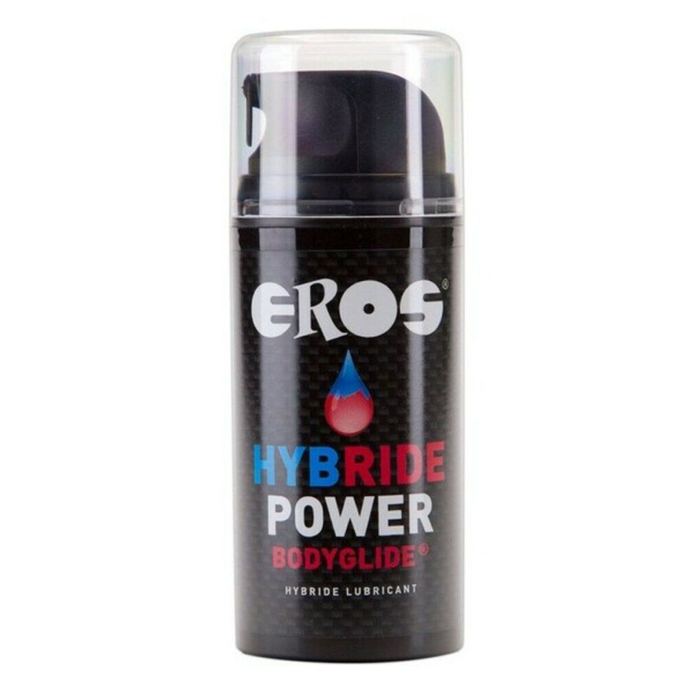 Flacone cilindrico nero effetto carbonio. Scritte "EROS", "HYBRIDE POWER BODYGLIDE". Tappo trasparente.