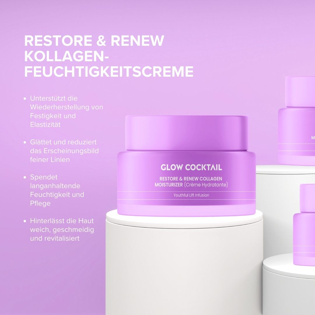 Vasetto lilla su piedistallo. Scritta: Glow Cocktail, Restore & Renew Collagen Moisturizer (Crème Hydratante). Testo accanto.