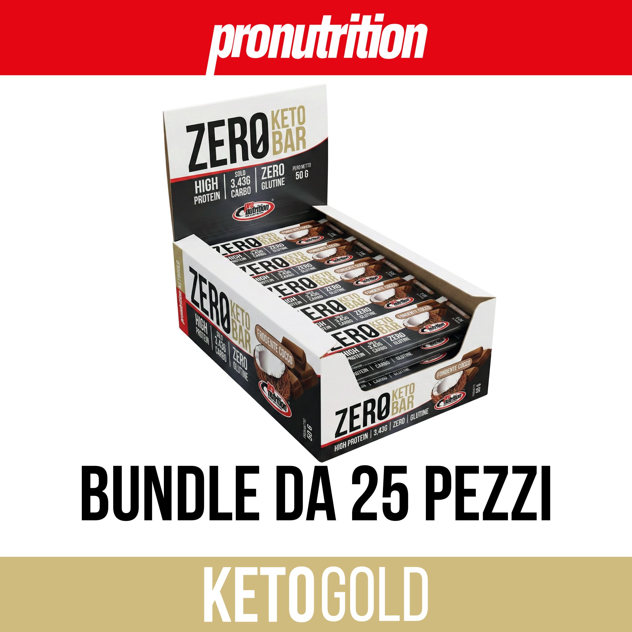 Scatola di barrette Keto. Scritto: ZERO KETO BAR, Bundle da 25 pezzi. Marchio: Pronutrition.