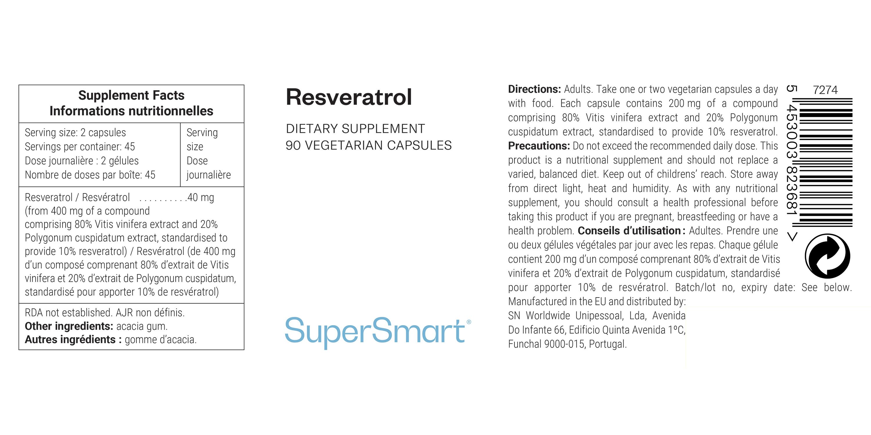 Etichetta con informazioni nutrizionali. Resveratrolo, 90 capsule. Marchio SuperSmart. Ingredienti e raccomandazioni d'uso.
