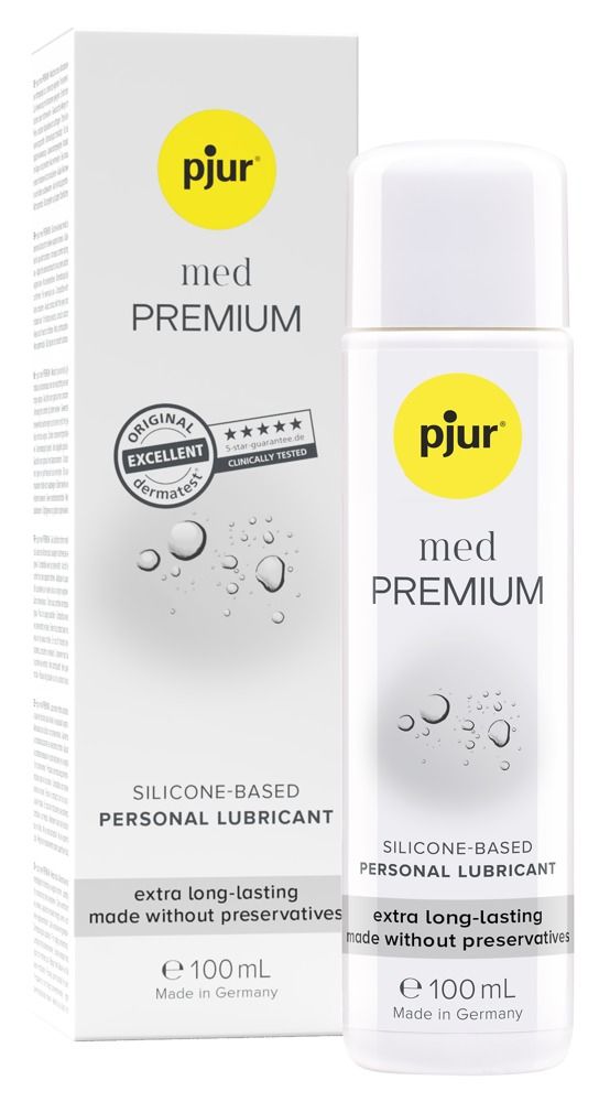 Confezione e flacone di pjur® MED PREMIUM Glide Lubrificante, 100ml, a base di silicone.