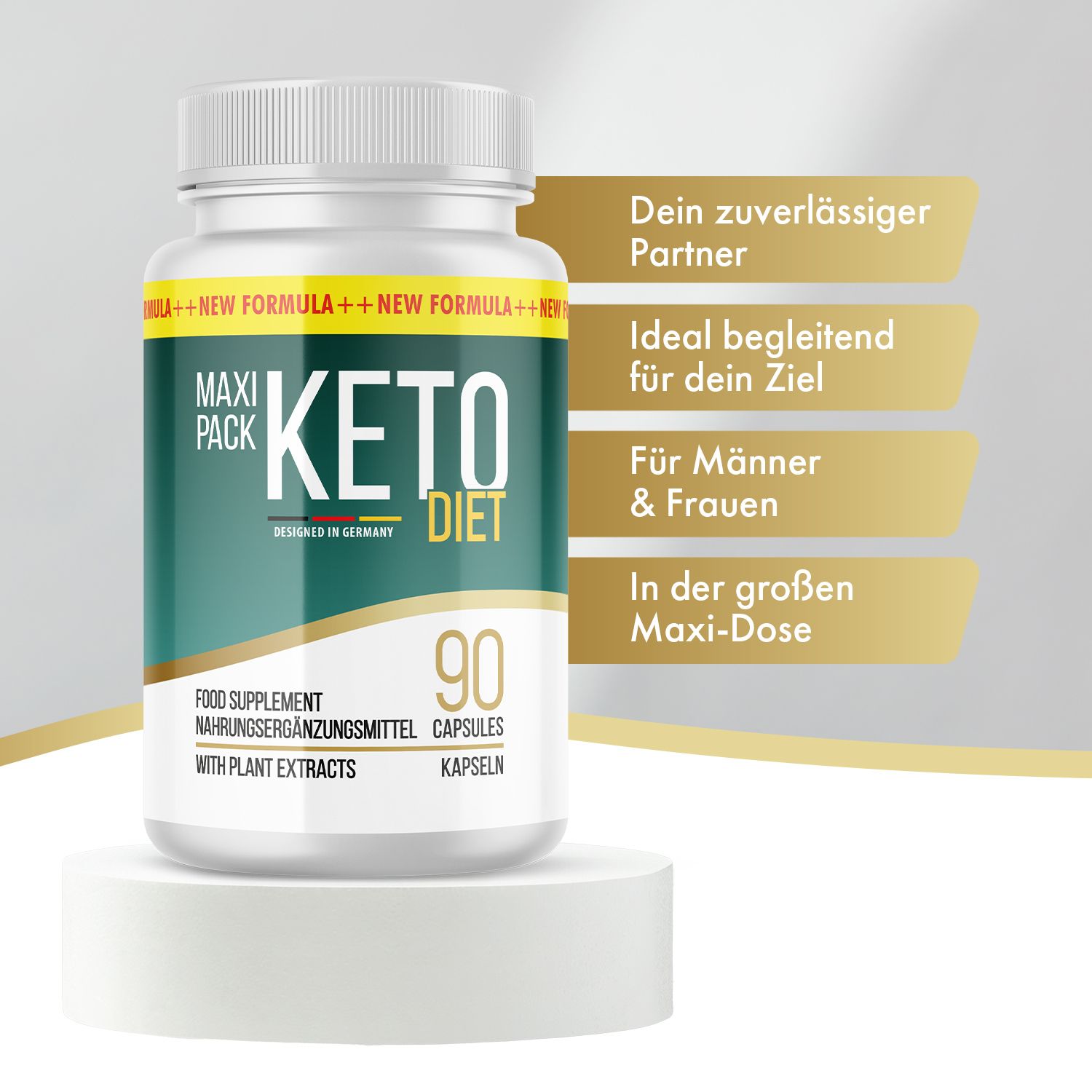 Flacone di capsule su piedistallo. Scritta: Keto Diet, 90 capsule. Testi: Il tuo partner affidabile, Ideale per il tuo obiettivo, Per uomini e donne, Maxi-dose.