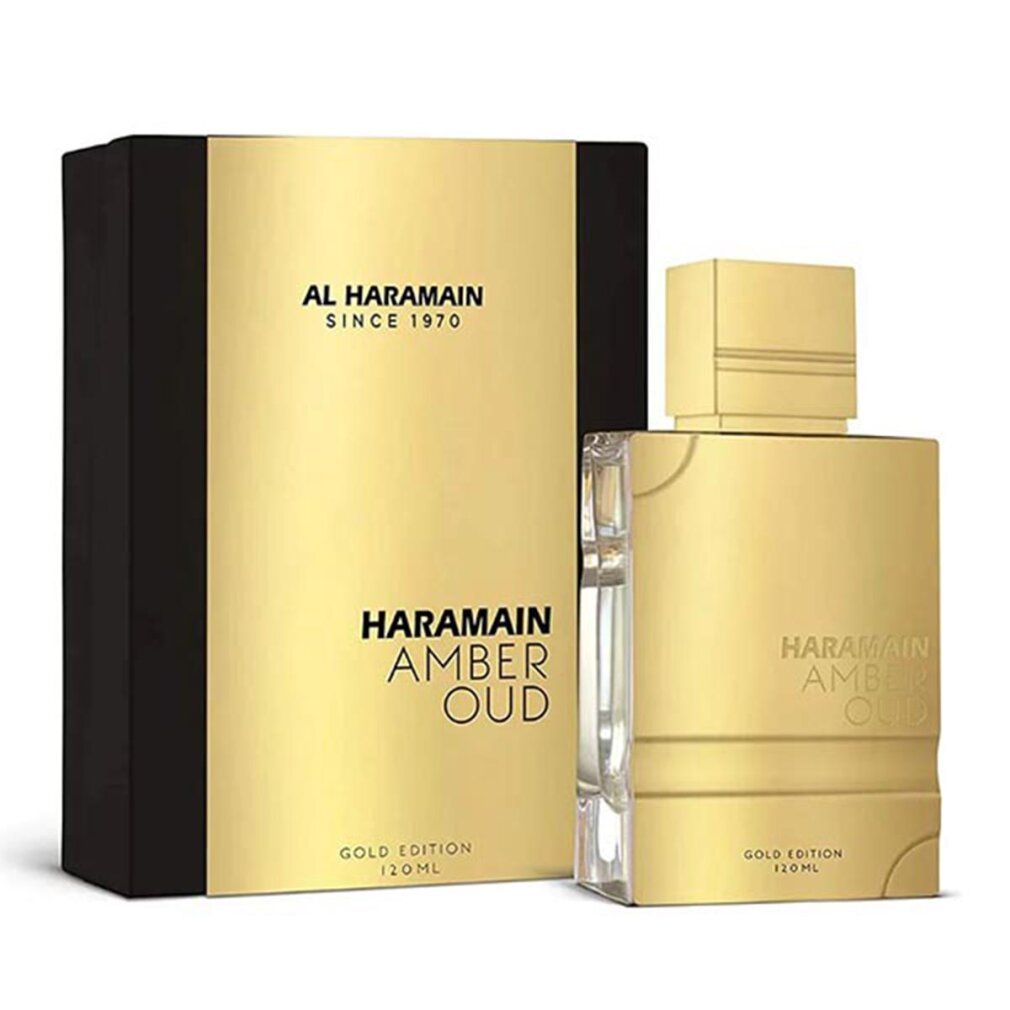 Flacone e confezione di profumo dorati. Scritta: Al Haramain, Amber Oud Gold Edition, 120 ml.