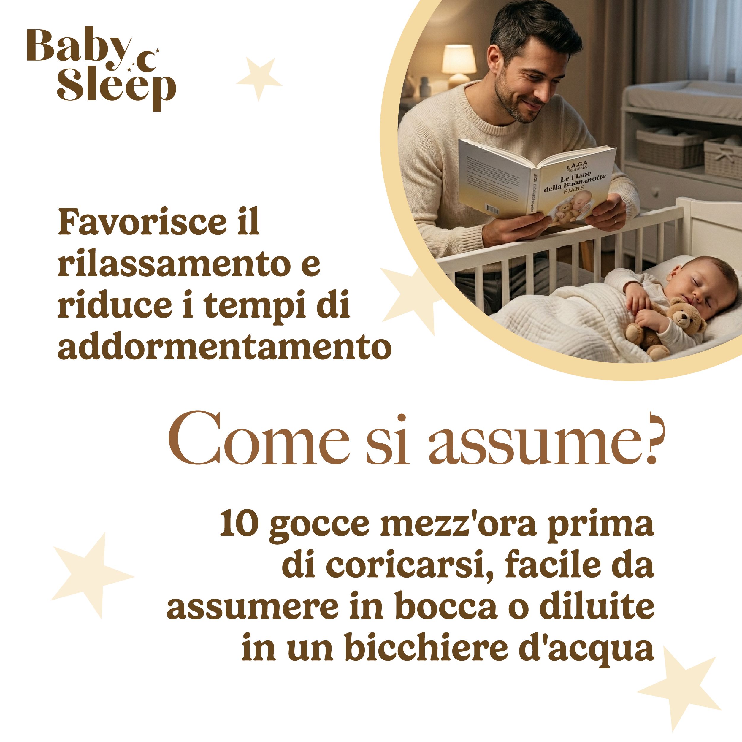 Padre legge a bimbo Melatonina Baby Sleep. Bimbo dorme nel lettino. "Favorisce il rilassamento" è scritto.