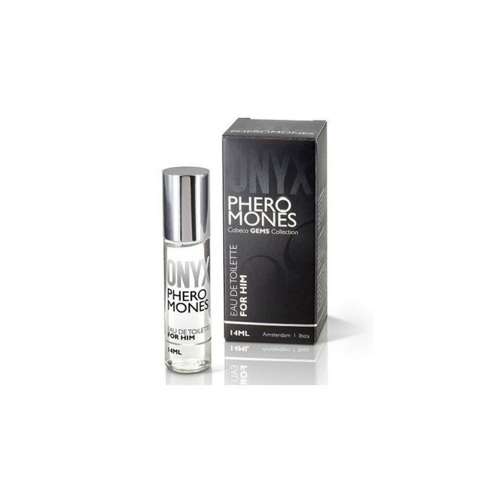 Flacone Onyx Pheromones e confezione. 14ml. Tappo argento, testo nero.