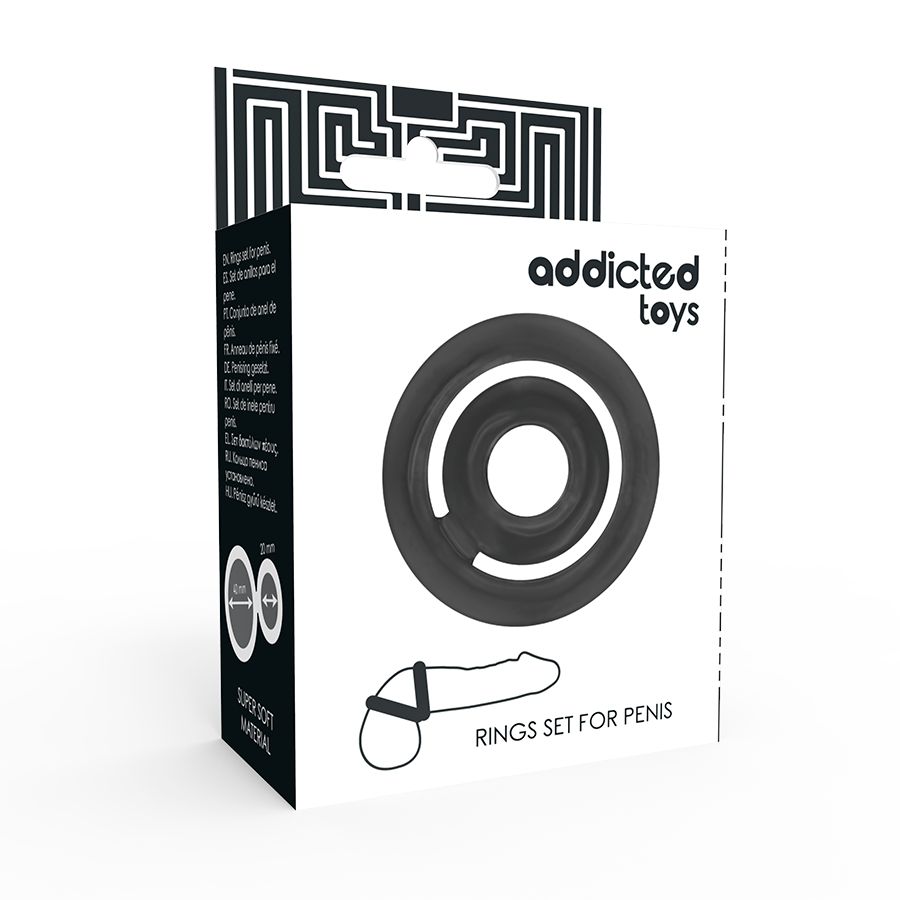 Confezione dell'anello Addicted Toys Potenz. Mostra l'anello, una rappresentazione schematica e informazioni sul prodotto.