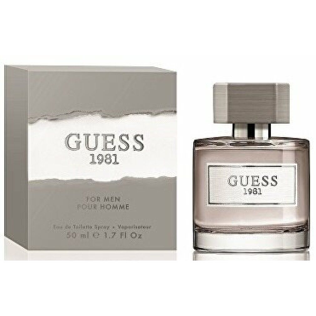 Flacone di profumo e confezione. Scritta: GUESS 1981. Flacone con tappo argentato. Liquido rosa chiaro. Confezione rettangolare.