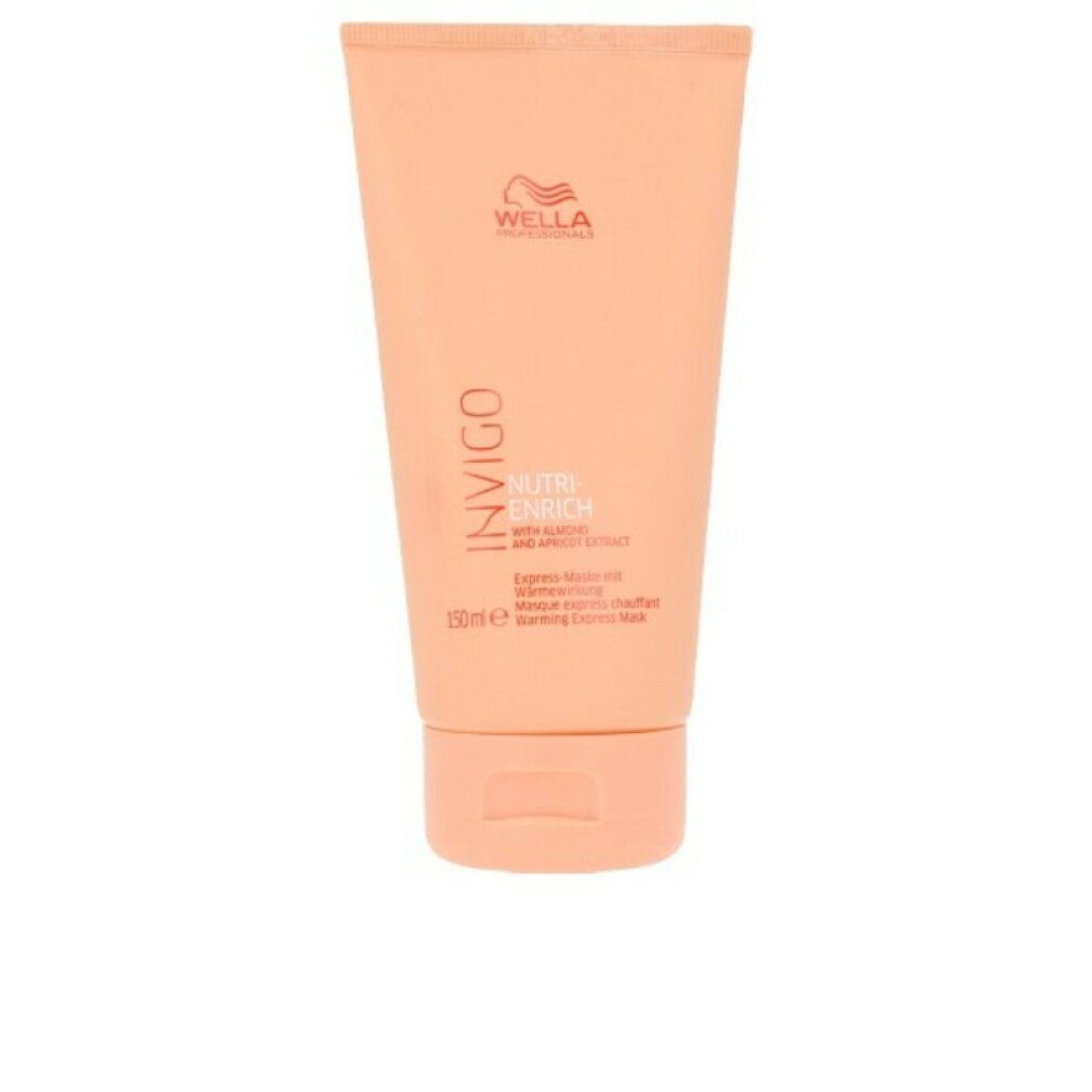 Tubo color pesca con nome del prodotto e logo. Testo: Invigo Nutri-Enrich Warming Express Mask. 150ml.