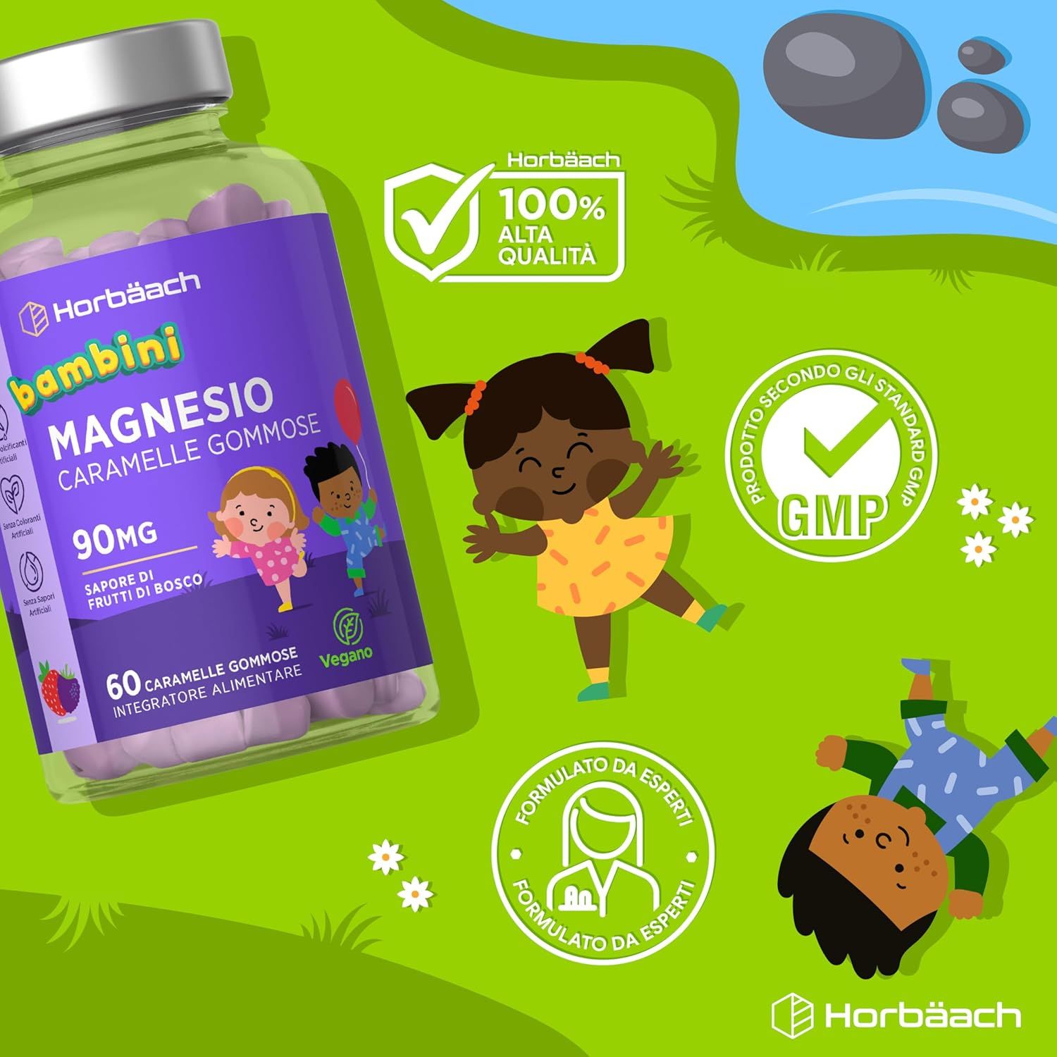Flacone di Horbaach Kinder Magnesium Gummies. Testo: 90mg, gusto bacche, 60 caramelle gommose, vegano. Con illustrazioni e testo.