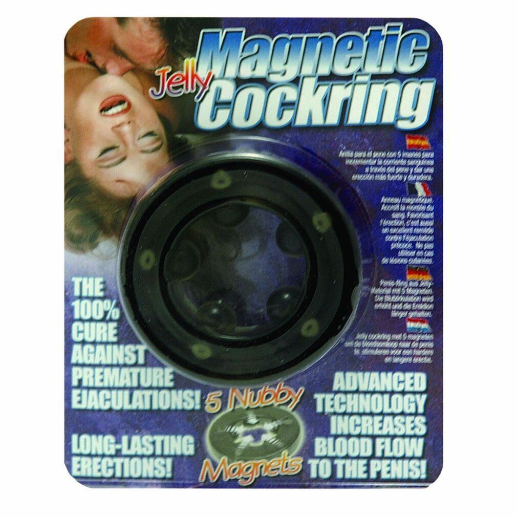 Confezione di Magnetic Cockring. Anello nero con 5 magneti Nubby. Testo: "The 100% Cure Against Premature Ejaculations!"