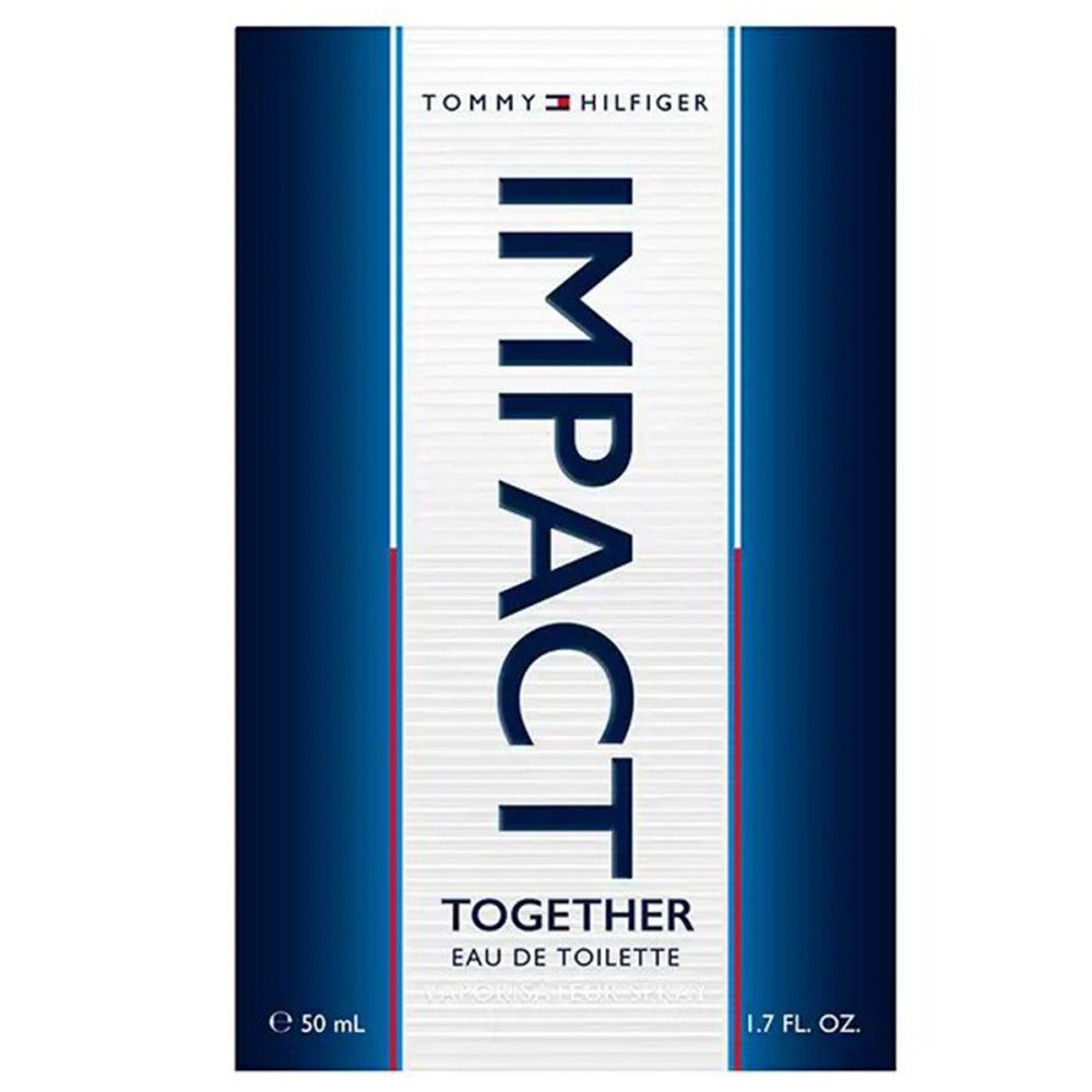 Confezione blu con scritta bianca: IMPACT TOGETHER. Marchio: Tommy Hilfiger. In basso: Eau de Toilette. Volume: 50 ml.