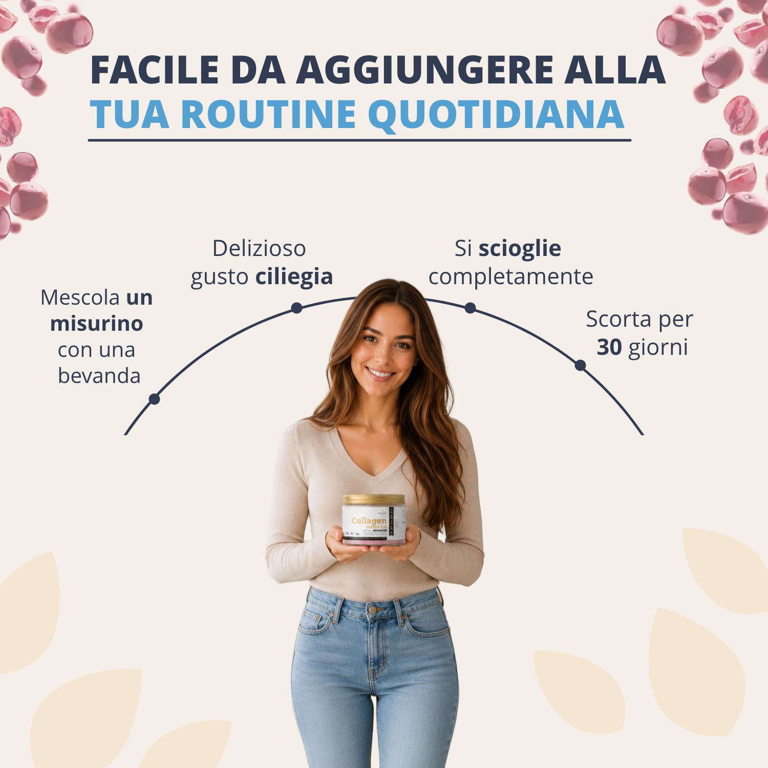 Donna tiene Golden Tree Collagen Derma Lift. Facile da aggiungere alla routine quotidiana.