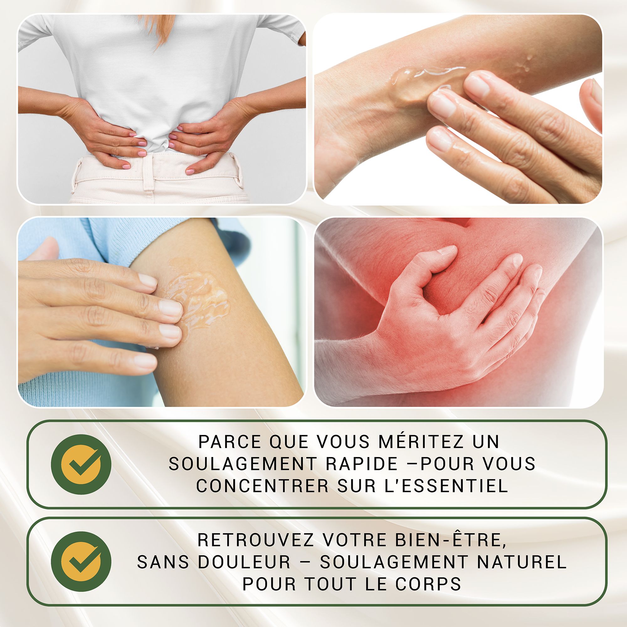 Immagini di mani che applicano gel su schiena, braccio e ginocchio. Testo: Sollievo rapido dal dolore. Sollievo naturale.