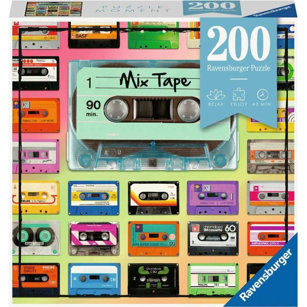 Puzzle da 200 pezzi. Tema: audiocassette. Marca: Ravensburger. Confezione con nome e logo del prodotto.