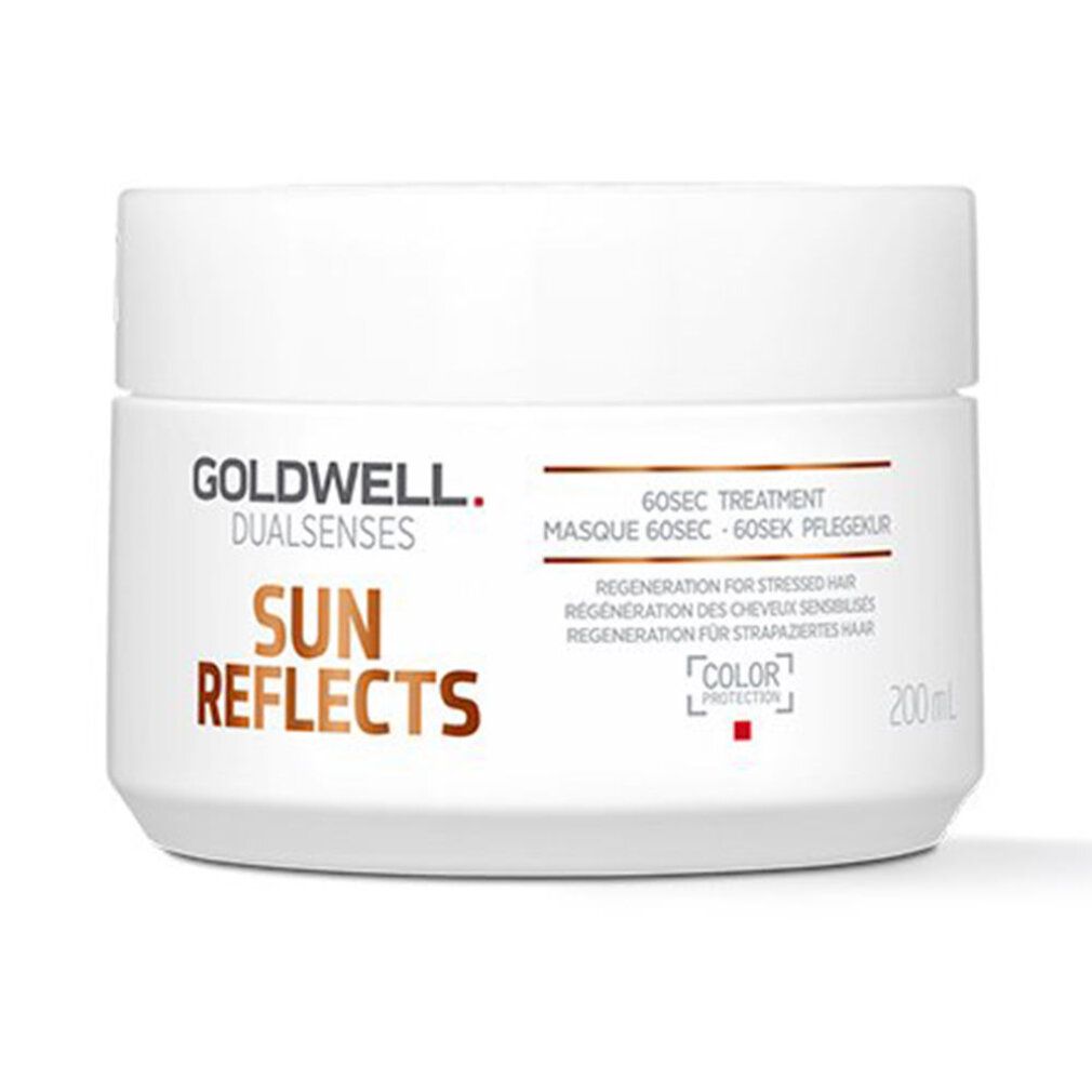 Vaso bianco Goldwell Dualsenses Sun Reflects. Scritta Sun Reflects, 60sec Treatment, Color Protection. 200ml.