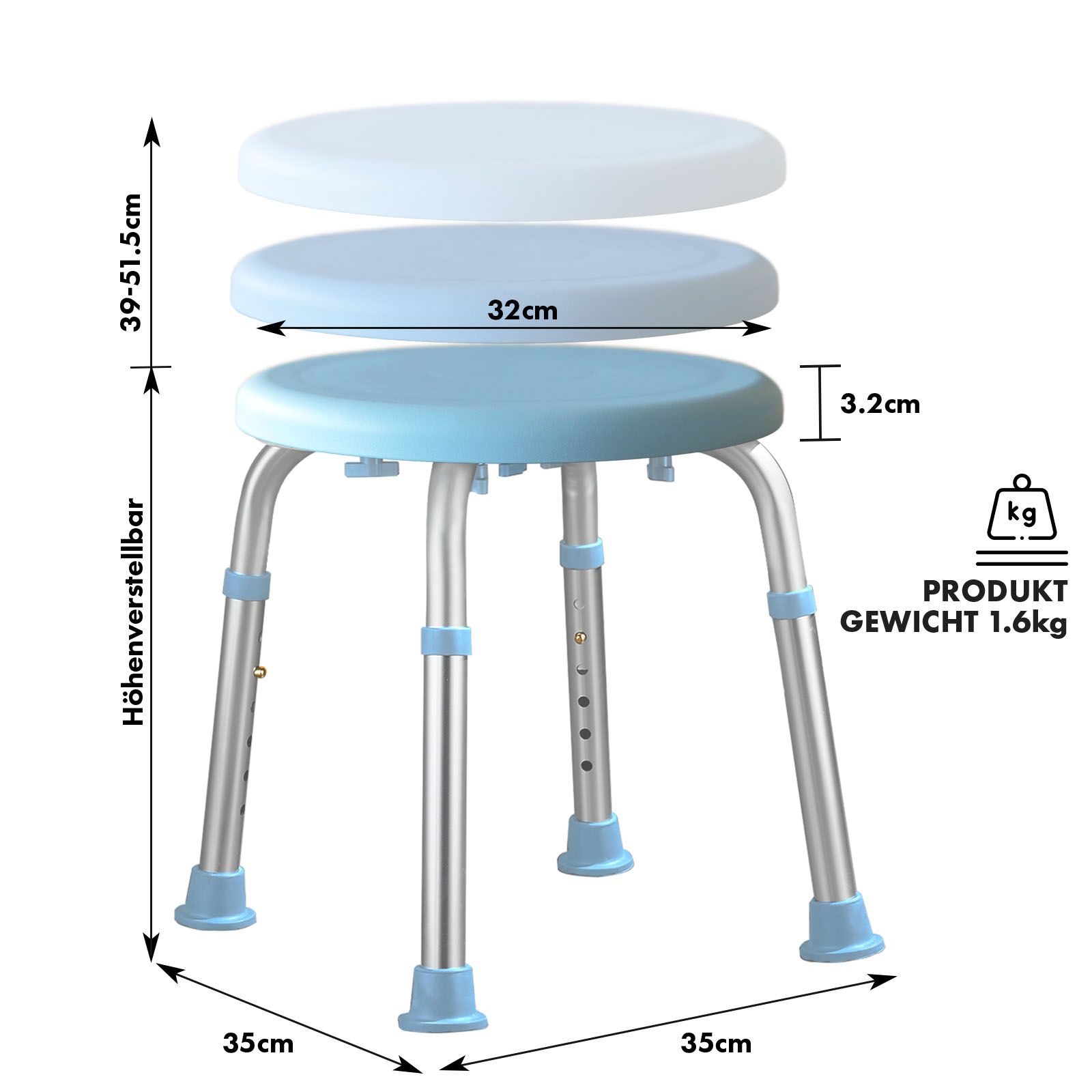 Sgabello doccia con dimensioni. Altezza 39-51,5cm, diametro 32cm. Peso 1,6kg. Regolabile.