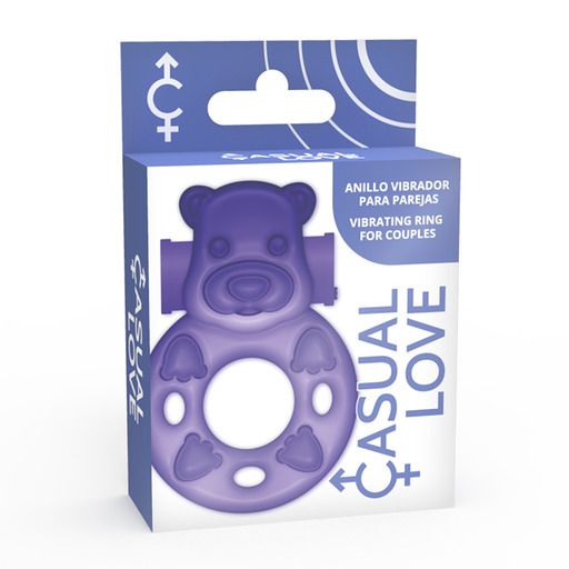Anello fallico viola a forma di orso, stimolazione clitoridea. Confezione con nome del prodotto e testo.