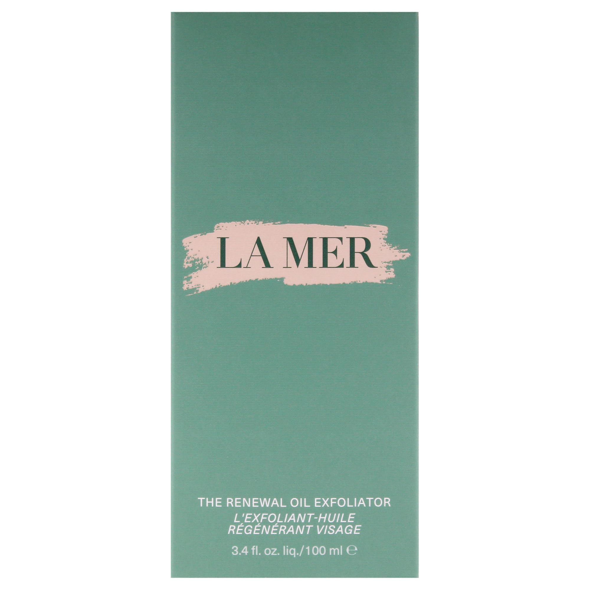 Confezione verde. Scritta: LA MER, THE RENEWAL OIL EXFOLIATOR, L'EXFOLIANT-HUILE RÉGÉNÉRANT VISAGE. 3.4 fl. oz. liq./100 ml e.