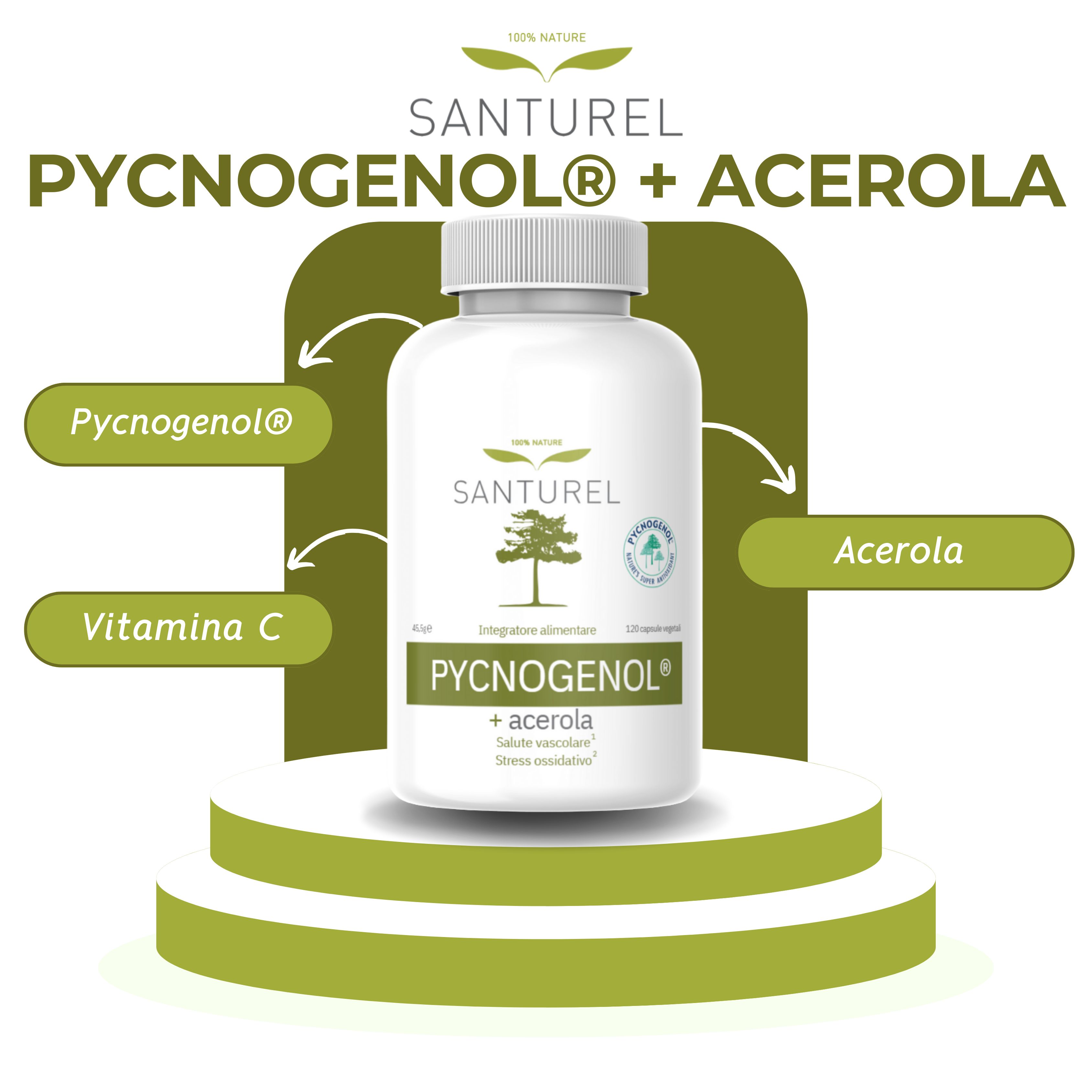 Flacone Santurel Pycnogenol® + Acerola. Pycnogenol®, Acerola e Vitamina C. Su piedistallo.
