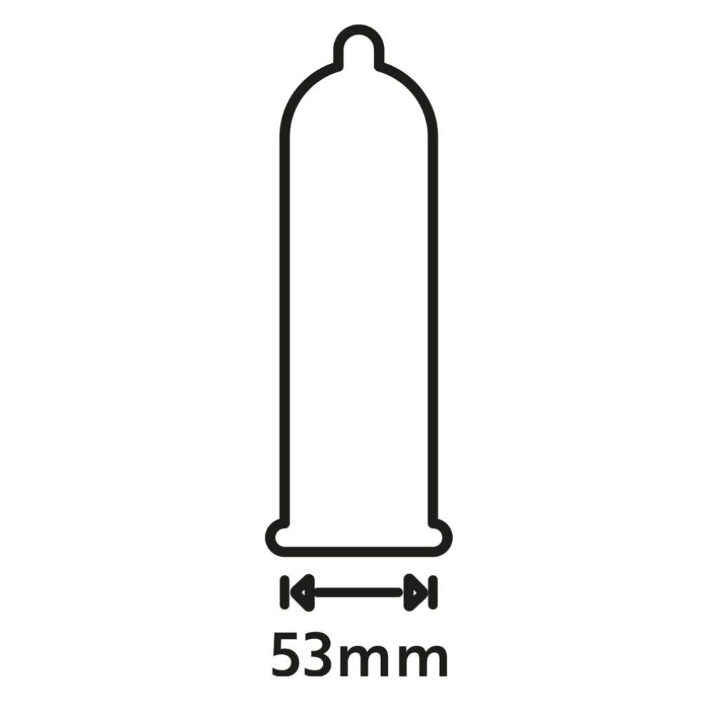 Rappresentazione schematica in bianco e nero di un preservativo. Sotto: 53mm.