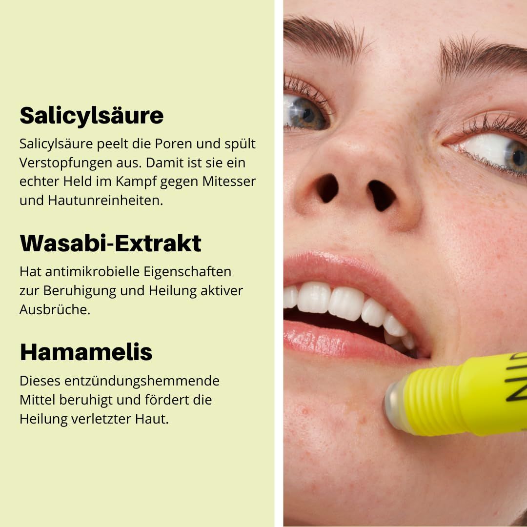 Prodotto con applicatore roll-on. Flacone giallo con testo bianco. Scritta: NIP+FAB, PURIFY, TEEN SKIN FIX, SPOT ZAP. Icone.