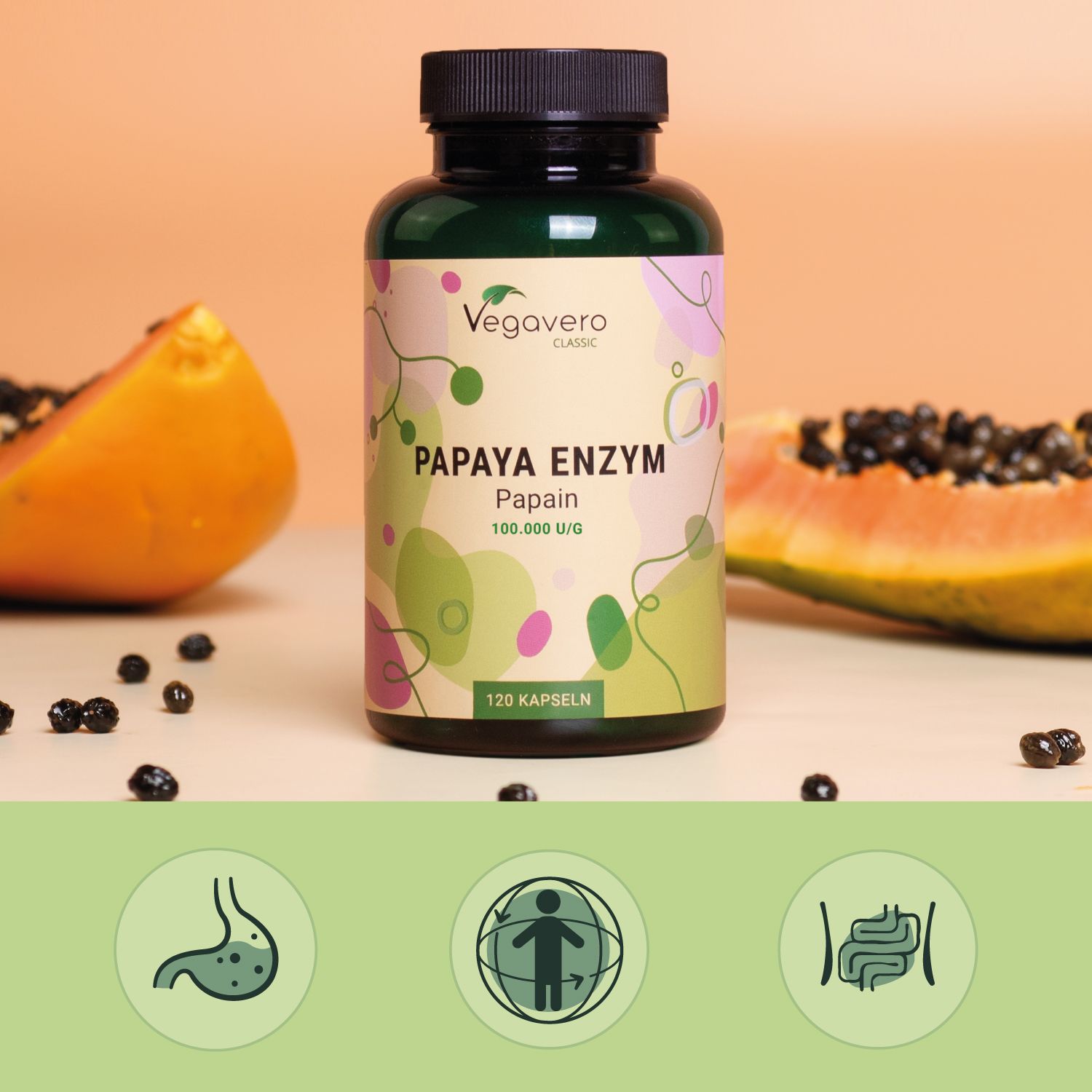 Bottiglia di Papaya Enzym, metà di papaya e semi. Simboli: stomaco, globo, intestino.